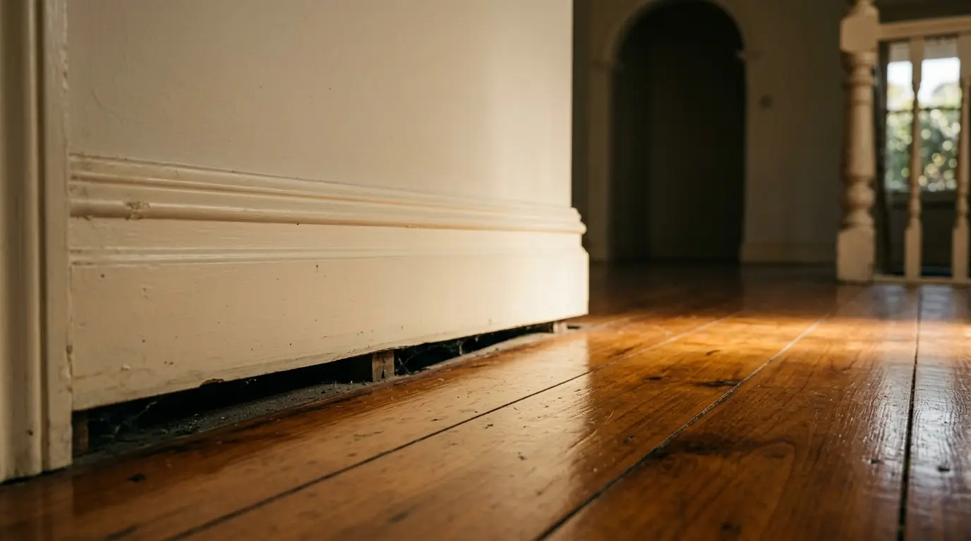 Gap opened between the skirting board and hardwood floorboards inside an older home