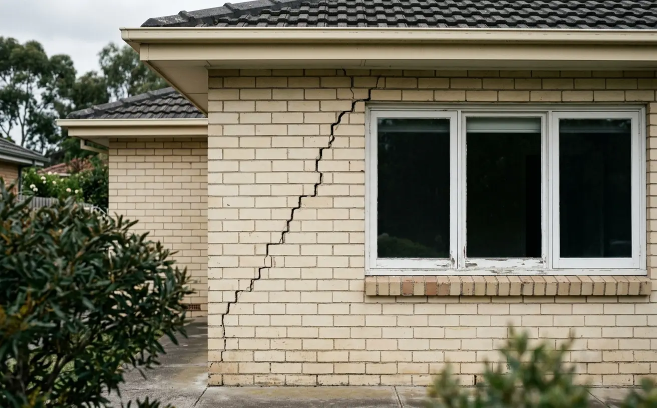 Stair-step crack running through the mortar joints of a brick veneer wall above a window