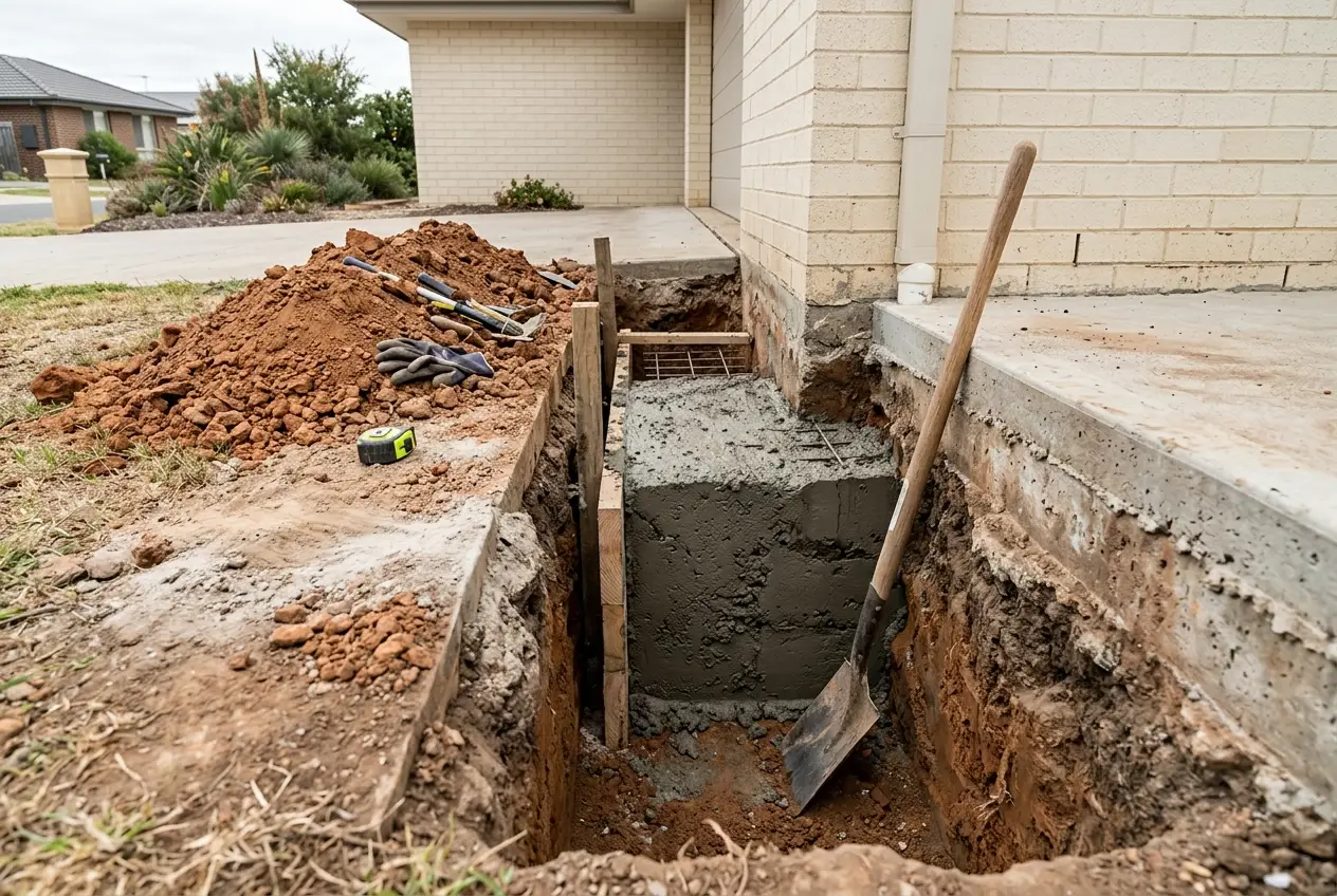 Excavation beside a house slab exposing the footing with a concrete underpinning pier